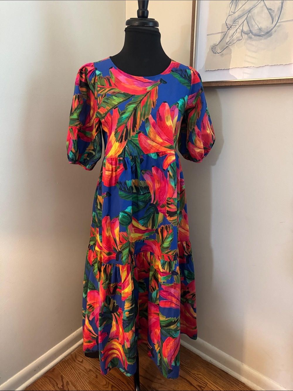 Farm Rio | Banana Mix Tiered Cotton Midi Dress-Size XS